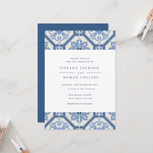 Elegant Blue Spanish Tile Hochzeit Einladung (Vorderseite/Rückseite Beispiel)