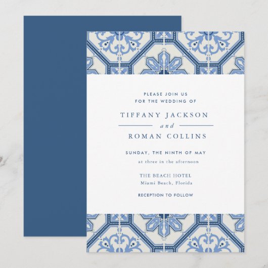 Elegant Blue Spanish Tile Hochzeit Einladung (Vorne/Hinten)