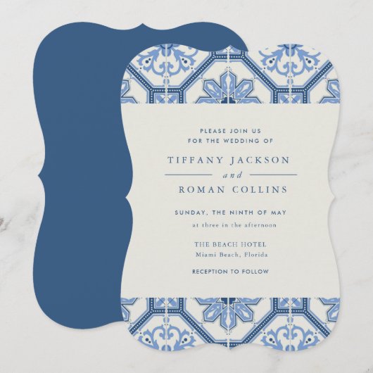 Elegant Blue Spanish Tile Hochzeit Einladung (Vorne/Hinten)