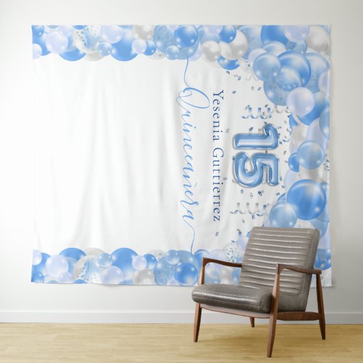 Elegant Blue Sparkle Quinceañera Balloon Arch Wandteppich (Beispiel (Horizontal))