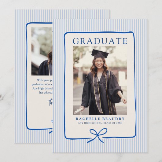 Elegant Blue Stripes Bow Frame Graduation Photo  Ankündigung (Vorne/Hinten)