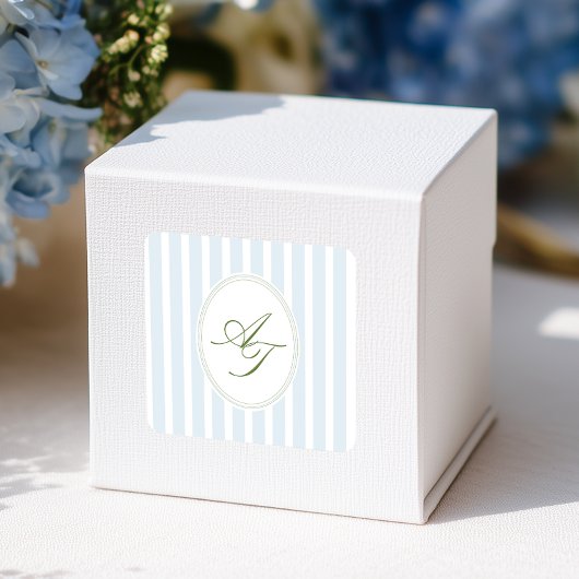 Elegant Blue Stripes Monogram  Quadratischer Aufkleber