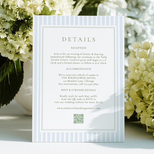 Elegant Blue Stripes Sage Wedding Details Card Begleitkarte