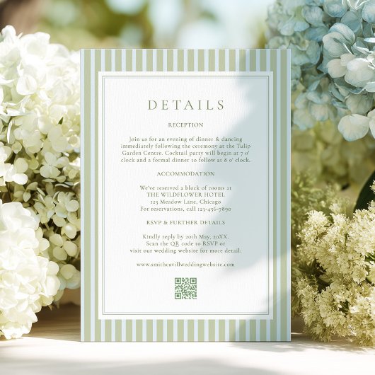 Elegant Blue Stripes Sage Wedding Details Card Begleitkarte