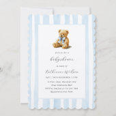 Elegant Blue Stripes Teddy Bear Baby Shower Einladung (Vorderseite)