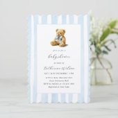 Elegant Blue Stripes Teddy Bear Baby Shower  Einladung (Stehend Vorderseite)
