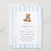 Elegant Blue Stripes Teddy Bear Baby Shower  Einladung (Vorderseite)