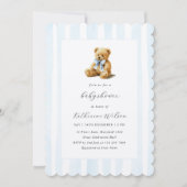 Elegant Blue Stripes Teddy Bear Baby Shower Einladung (Vorderseite)