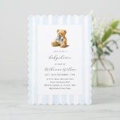 Elegant Blue Stripes Teddy Bear Baby Shower Einladung (Stehend Vorderseite)