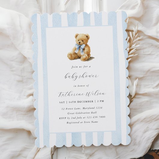 Elegant Blue Stripes Teddy Bear Baby Shower Einladung
