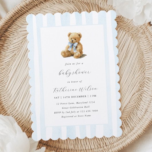 Elegant Blue Stripes Teddy Bear Baby Shower  Einladung