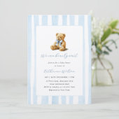 Elegant Blue Stripes Teddy Bear Baby Shower  Einladung (Stehend Vorderseite)