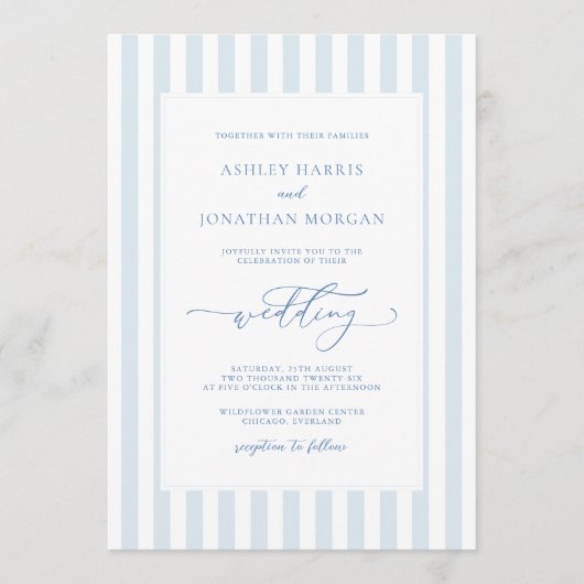 Elegant Blue Stripes Wedding Invitation Einladung (Vorderseite)