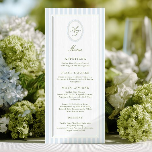 Elegant Blue Stripes Wedding Menu Menükarte