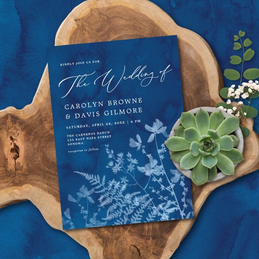 Elegant Blue Sunprint Boho Botanische Hochzeit Einladung
