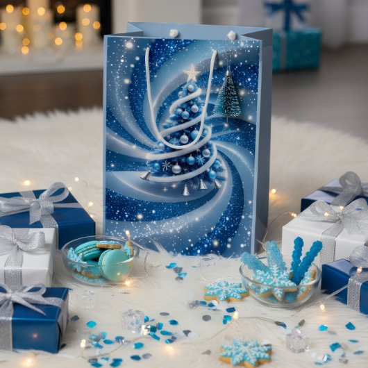 Elegant Blue Swirl Christmas Tree Gift Bag Mittlere Geschenktüte