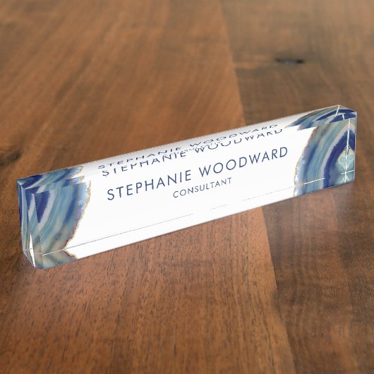 Elegant Blue Tan Agate Geode Namensplakette (Seite)