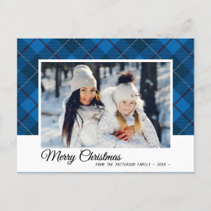 Elegant Blue Tartan Frohe Weihnachtsfamilie Foto Postkarte