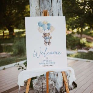 Elegant Blue Teddy Bären Script Welcome Baby Dusch Poster