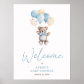 Elegant Blue Teddy Bären Script Welcome Baby Dusch Poster (Vorne)