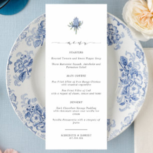 Elegant Blue Thistle Script Wedding Menükarte