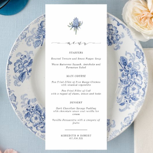 Elegant Blue Thistle Script Wedding Menükarte