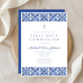 Elegant Blue Tiles Boy First Communion Einladung
