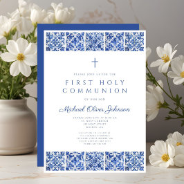 Elegant Blue Tiles Boy First Communion Einladung