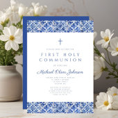 Elegant Blue Tiles Boy First Communion Einladung
