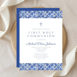 Elegant Blue Tiles Boy First Communion Einladung