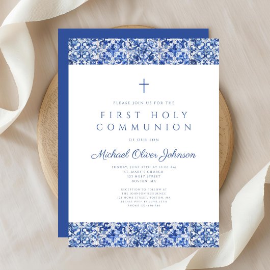 Elegant Blue Tiles Boy First Communion Einladung