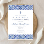 Elegant Blue Tiles Boy First Communion Einladung