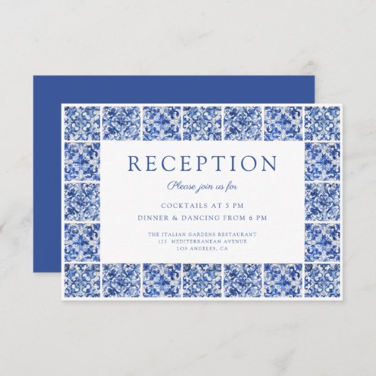 Elegant Blue Tiles Hochzeitempfang Begleitkarte (Vorne/Hinten)