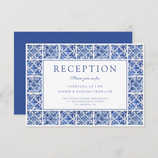 Elegant Blue Tiles Hochzeitempfang Begleitkarte (Vorne/Hinten)