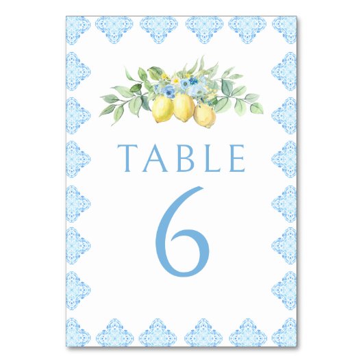 Elegant Blue Tiles Lemon Wedding Tischnummern (Vorderseite)