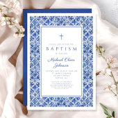Elegant Blue Tiles Religious Cross Boy Taufe Einladung