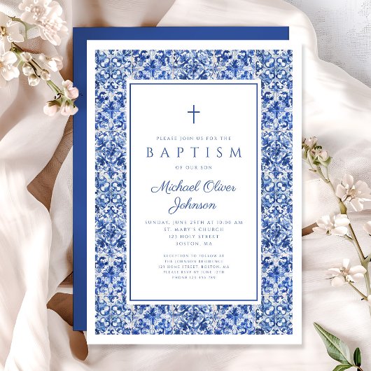 Elegant Blue Tiles Religious Cross Boy Taufe Einladung