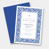 Elegant Blue Tiles Religious Cross Boy Taufe Einladung