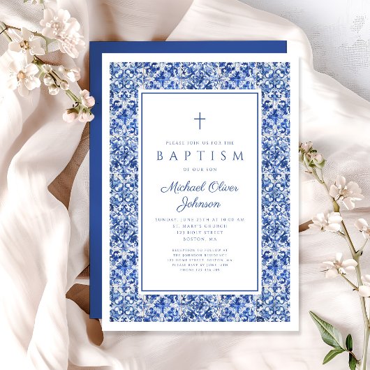 Elegant Blue Tiles Religious Cross Boy Taufe Einladung