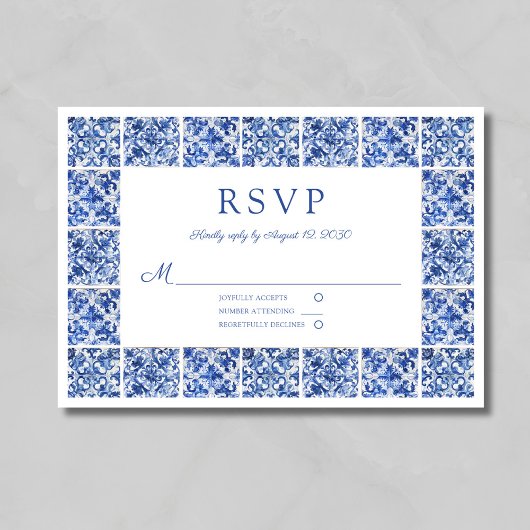 Elegant Blue Tiles Wedding RSVP Karte