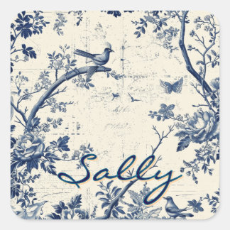 Elegant Blue Toile Bird Floral Pattern Quadratischer Aufkleber