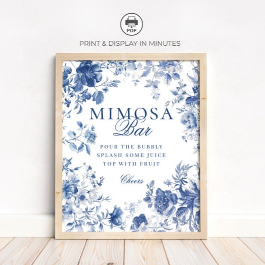 Elegant Blue Toile Chinoiserie Mimosa Bar Sign Poster