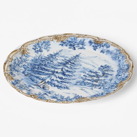 Elegant Blue Toile Christmas Tree Holiday Dining  Pappteller (Schrägansicht)