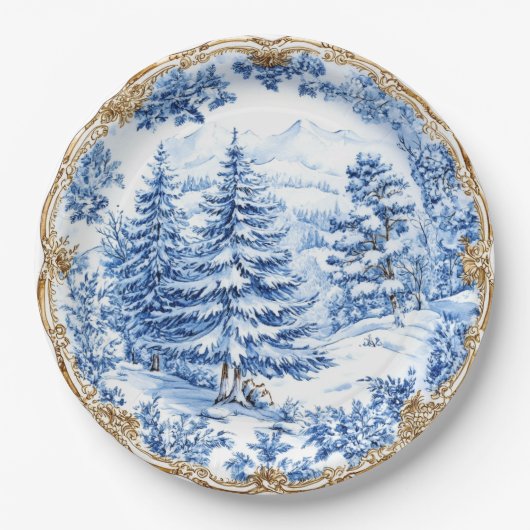 Elegant Blue Toile Christmas Tree Holiday Dining Pappteller (Vorderseite)