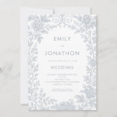 Elegant Blue Toile De Jouy Border QR Code Wedding Einladung (Vorderseite)