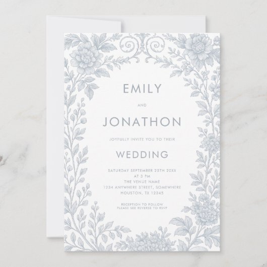 Elegant Blue Toile De Jouy Border QR Code Wedding Einladung (Vorderseite)