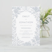 Elegant Blue Toile De Jouy Border QR Code Wedding Einladung (Stehend Vorderseite)