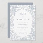 Elegant Blue Toile De Jouy Border QR Code Wedding Einladung (Vorne/Hinten)