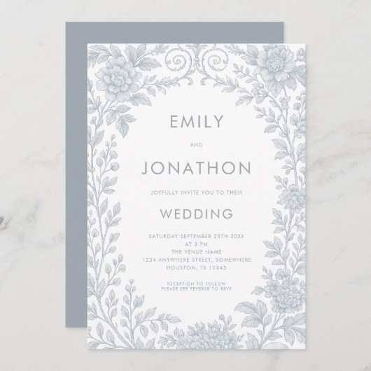 Elegant Blue Toile De Jouy Border QR Code Wedding Einladung (Vorne/Hinten)