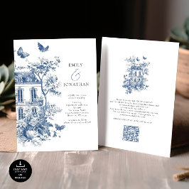 Elegant Blue Toile De Jouy QR Code Wedding Einladung